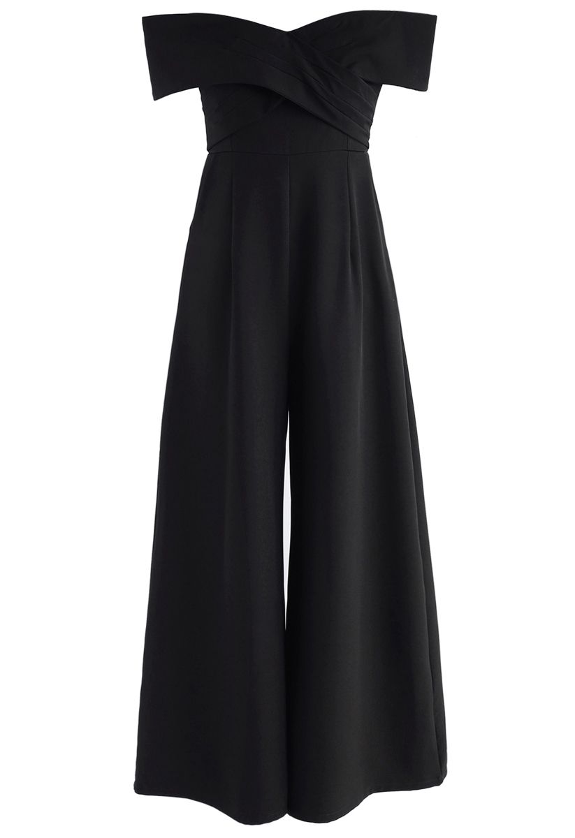 Eternal Sweet Cross Breast Off-Shoulder Jumpsuit in Black 