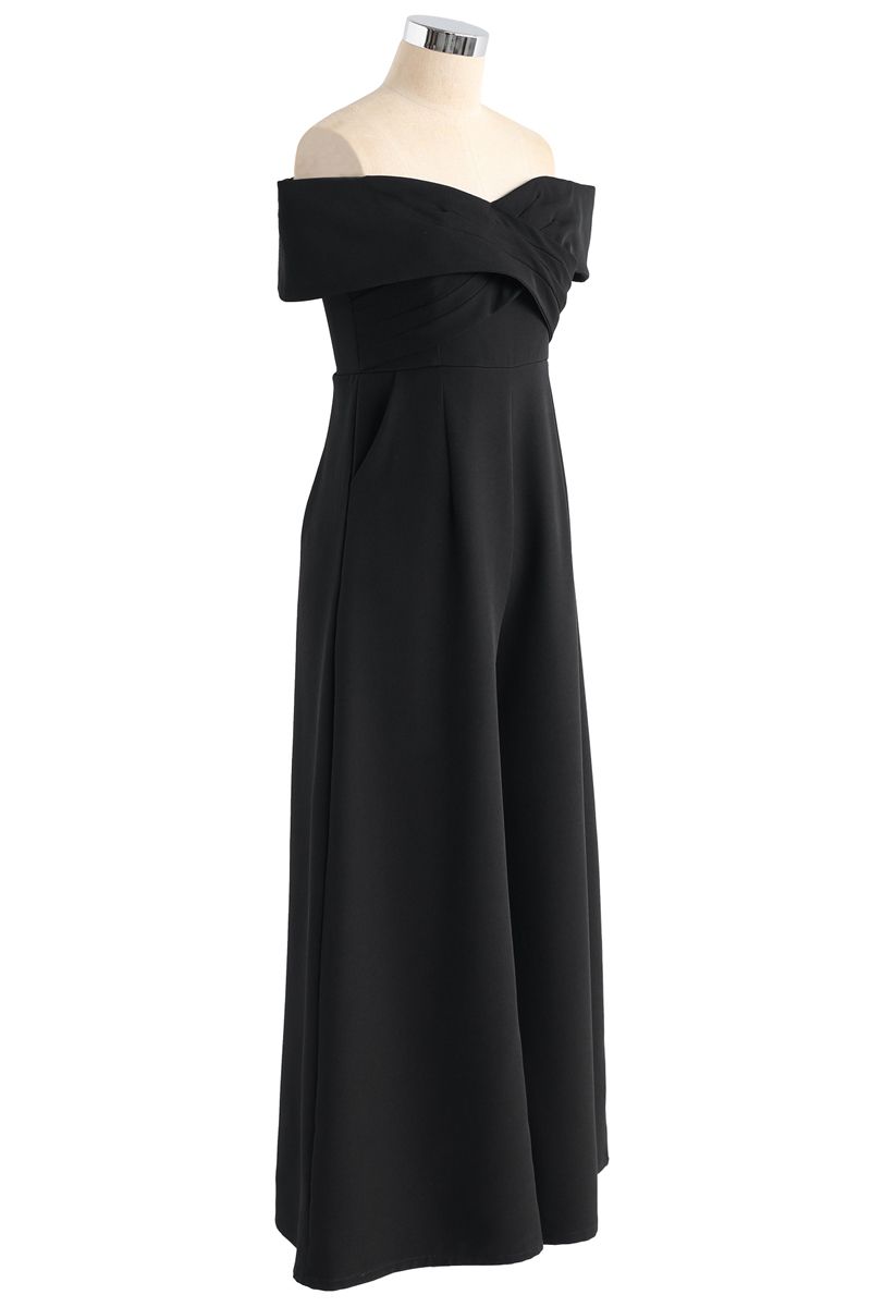 Eternal Sweet Cross Breast Off-Shoulder Jumpsuit in Black 