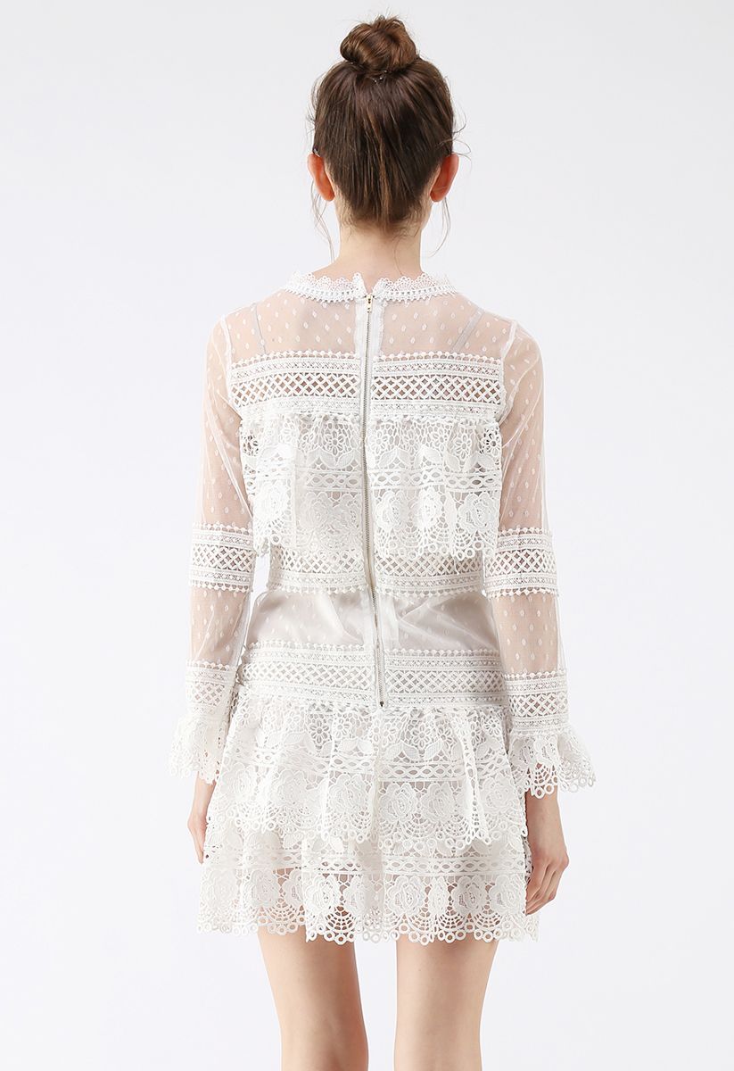 Sweet Destiny Tiered Crochet Mesh Dress in White