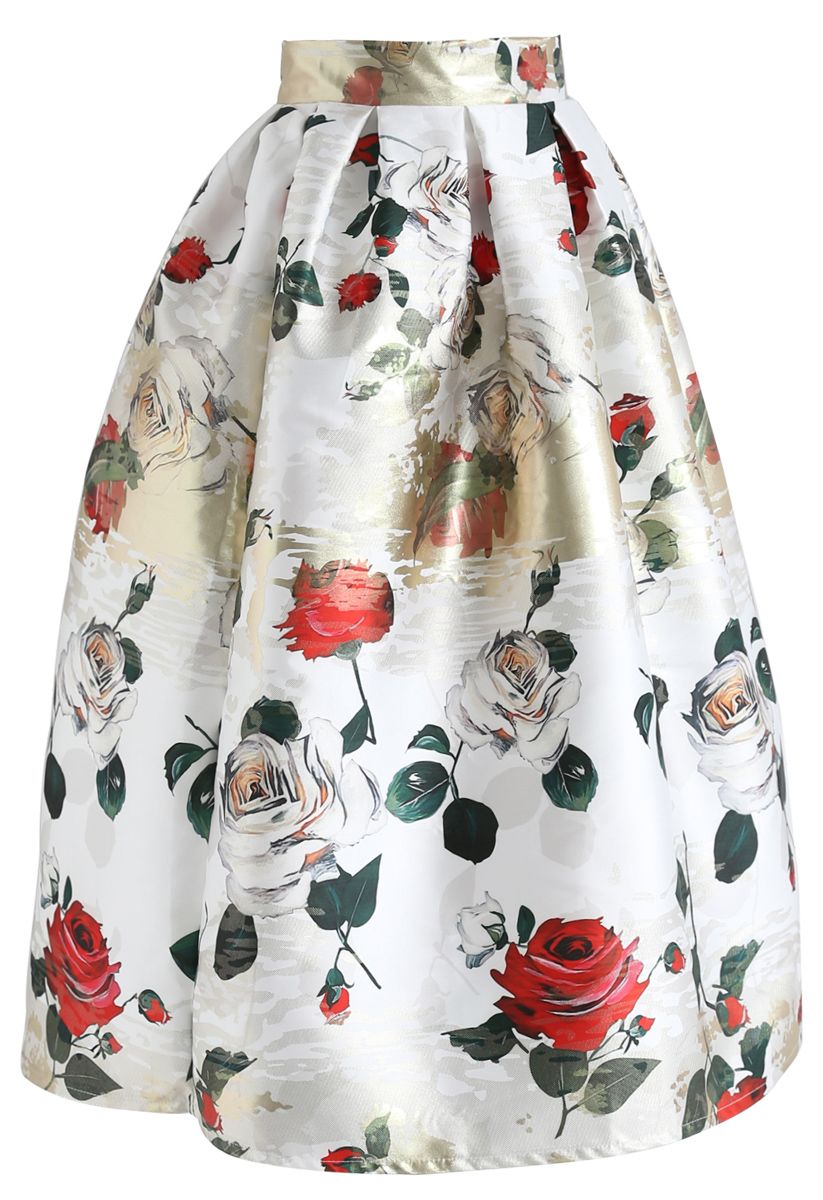 Vivid Rose Printed A-Line Midi Skirt in White