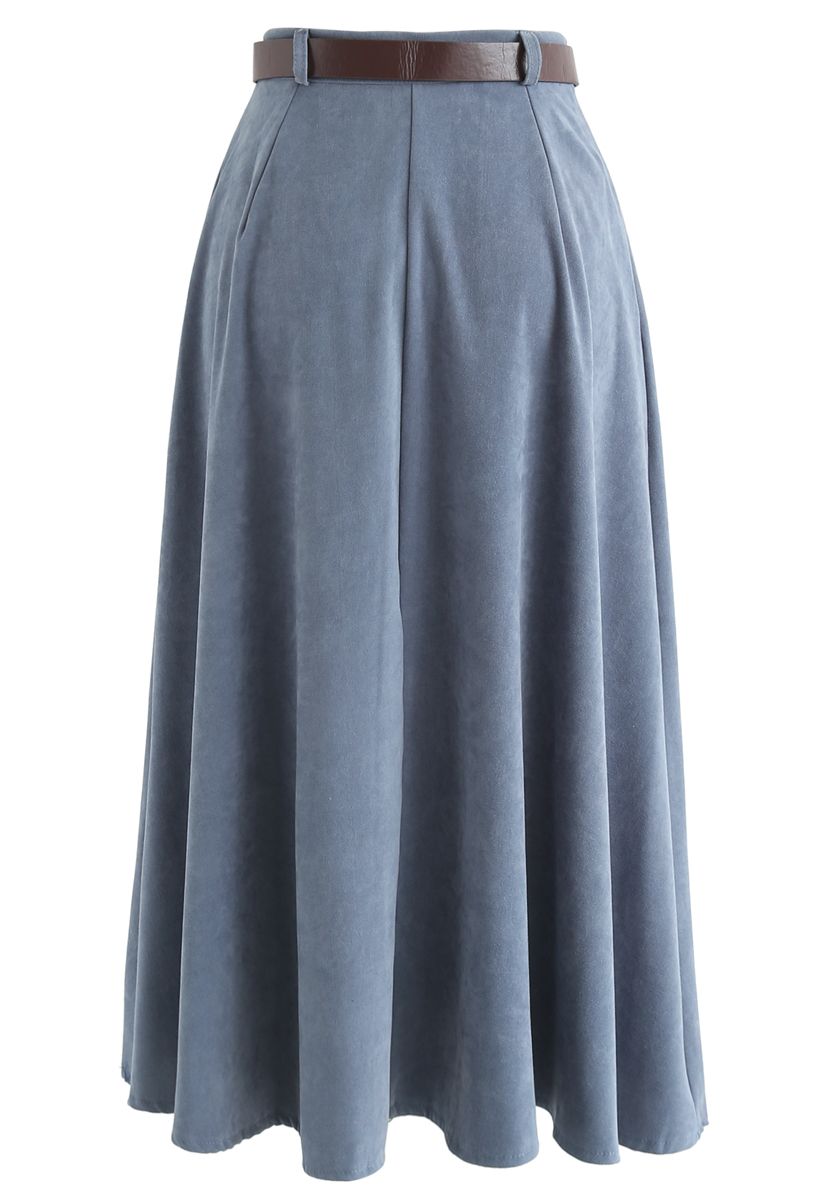 Mildness Faux Suede A-Line Skirt in Dusty Blue