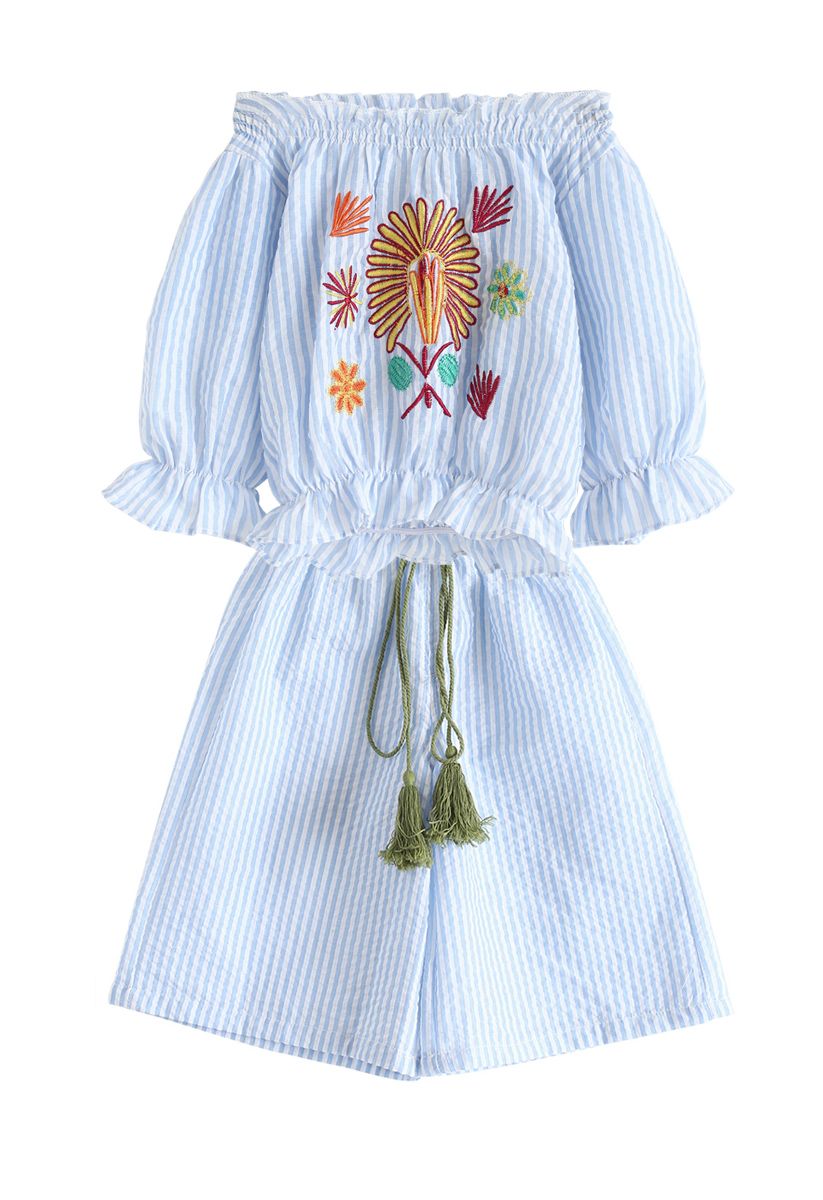 Spring Sun Embroidered Off-Shoulder Top and Pants Set For Kids