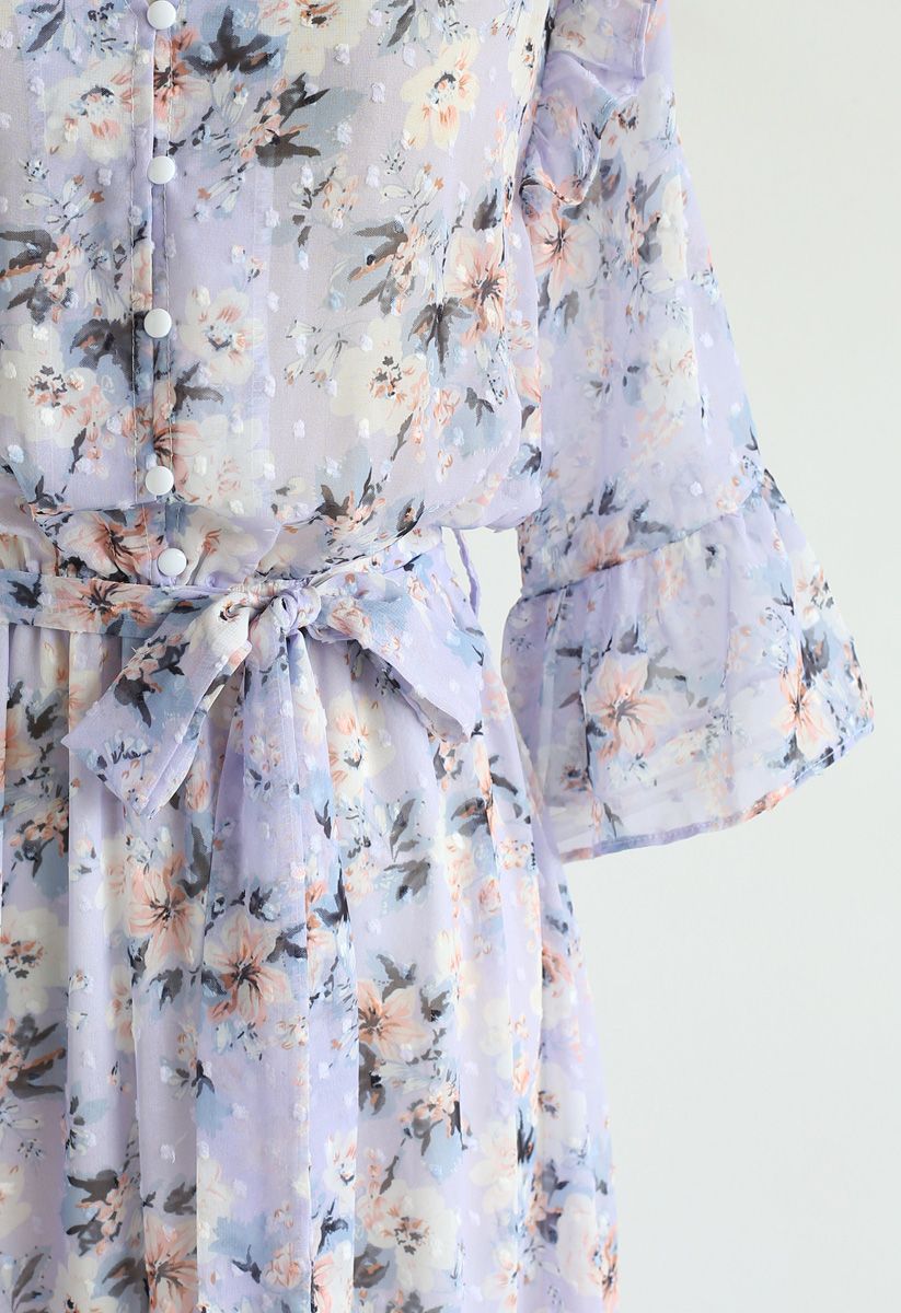 By My Side Floral Asymmetric Ruffle Chiffon Dress in Lilac