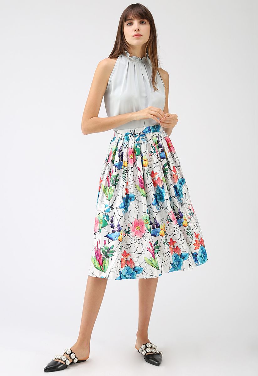Tropical Flower Watercolor Printed Midi Skirt