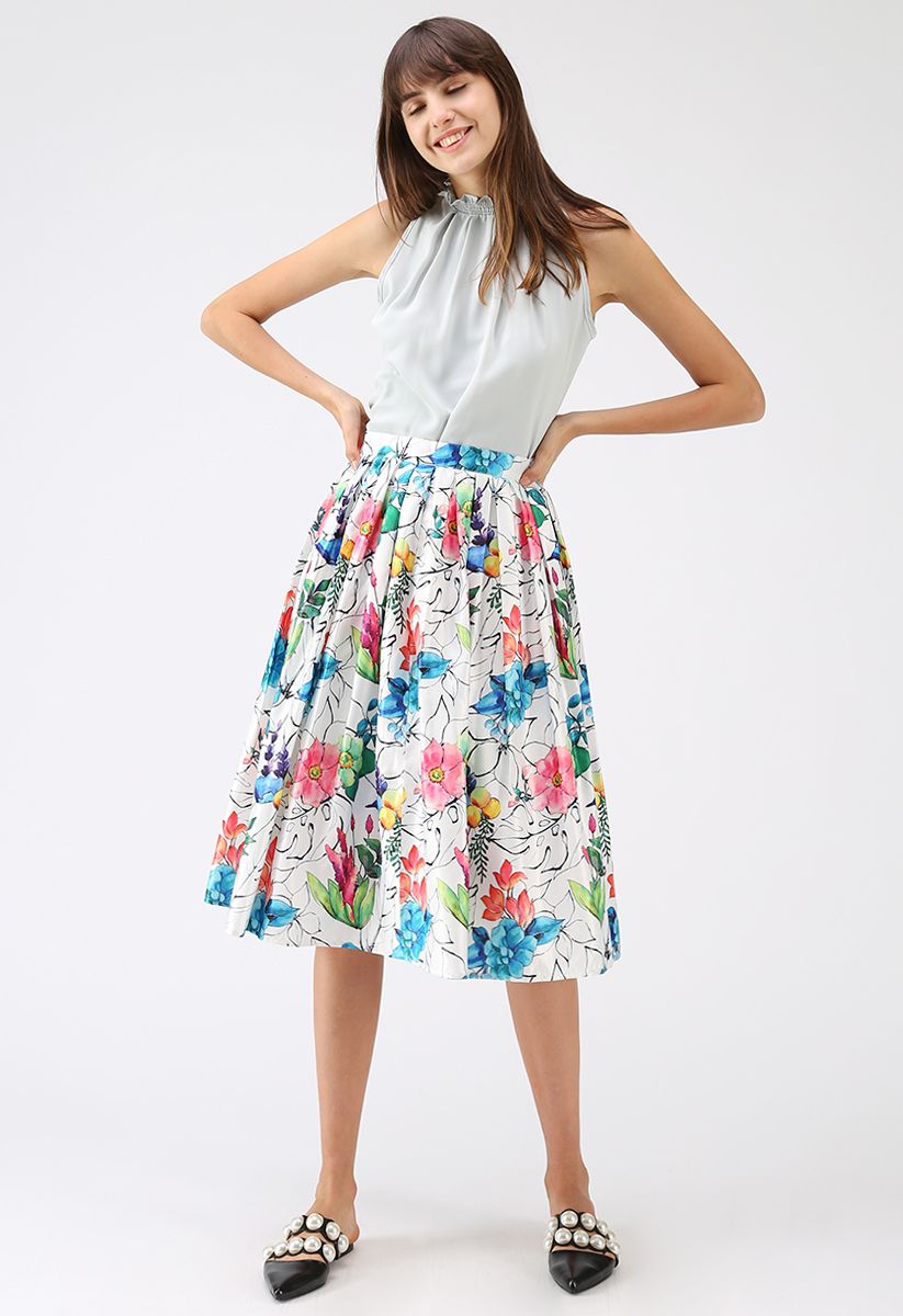 Tropical Flower Watercolor Printed Midi Skirt