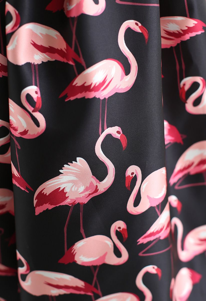 Pink Flamingo Printed Midi Skirt in Black