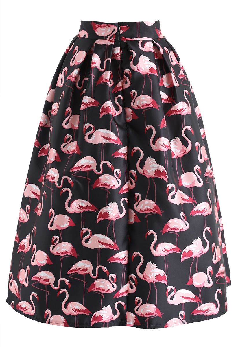 Pink Flamingo Printed Midi Skirt in Black