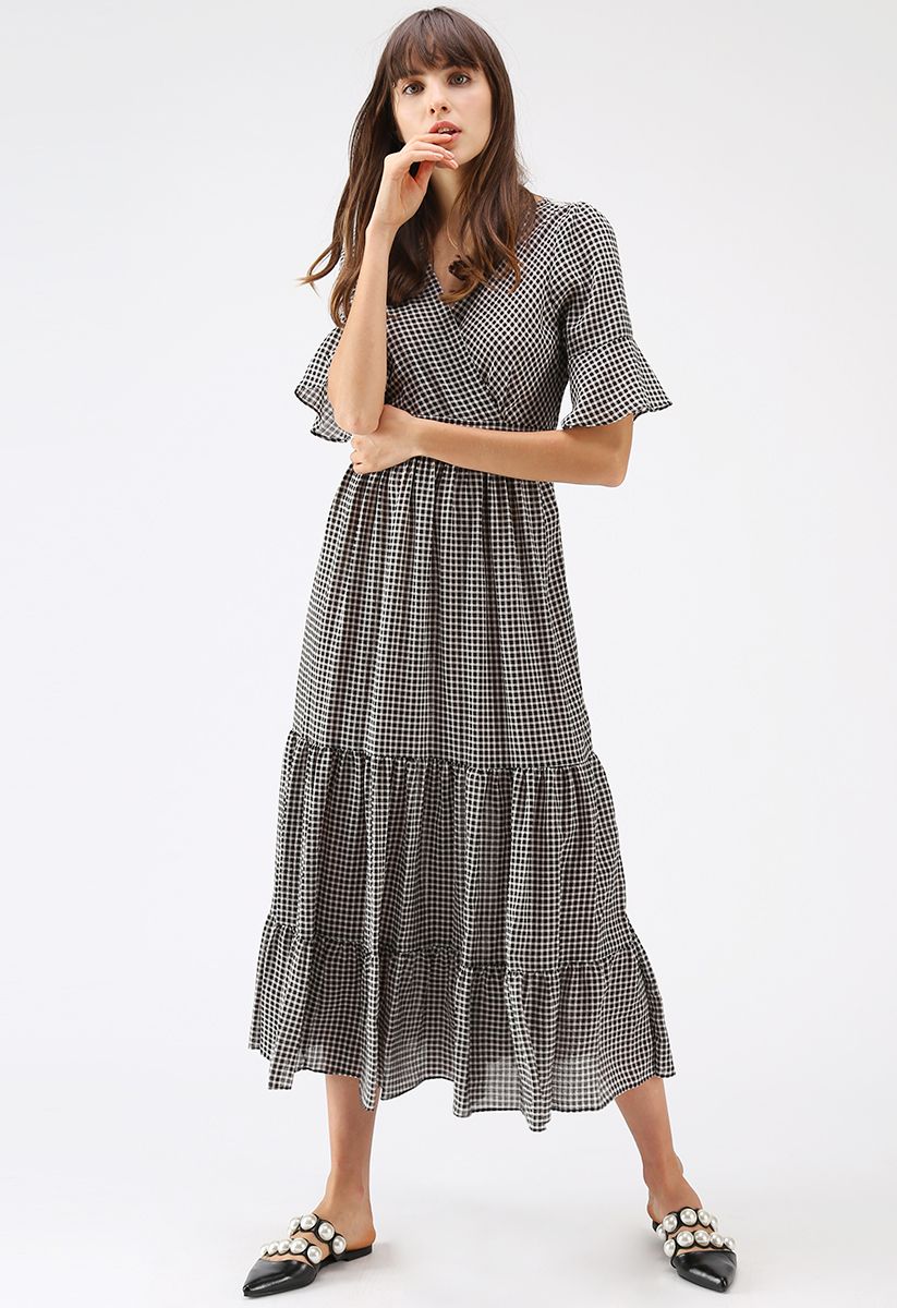 Raise Me Up Gingham Wrapped Dress in Black