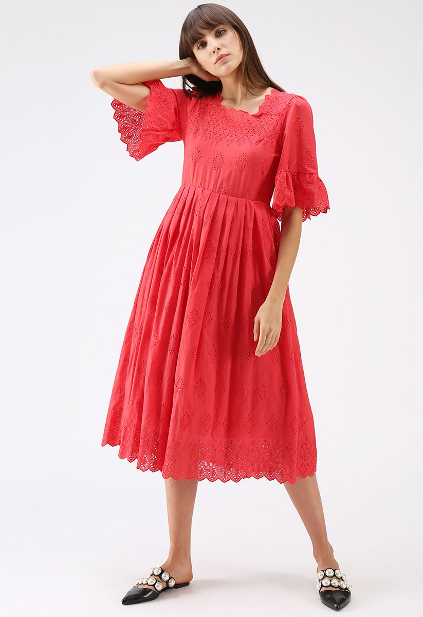 Keep in Simple Eyelet Embroidered Dress in Red - Retro, Indie and ...