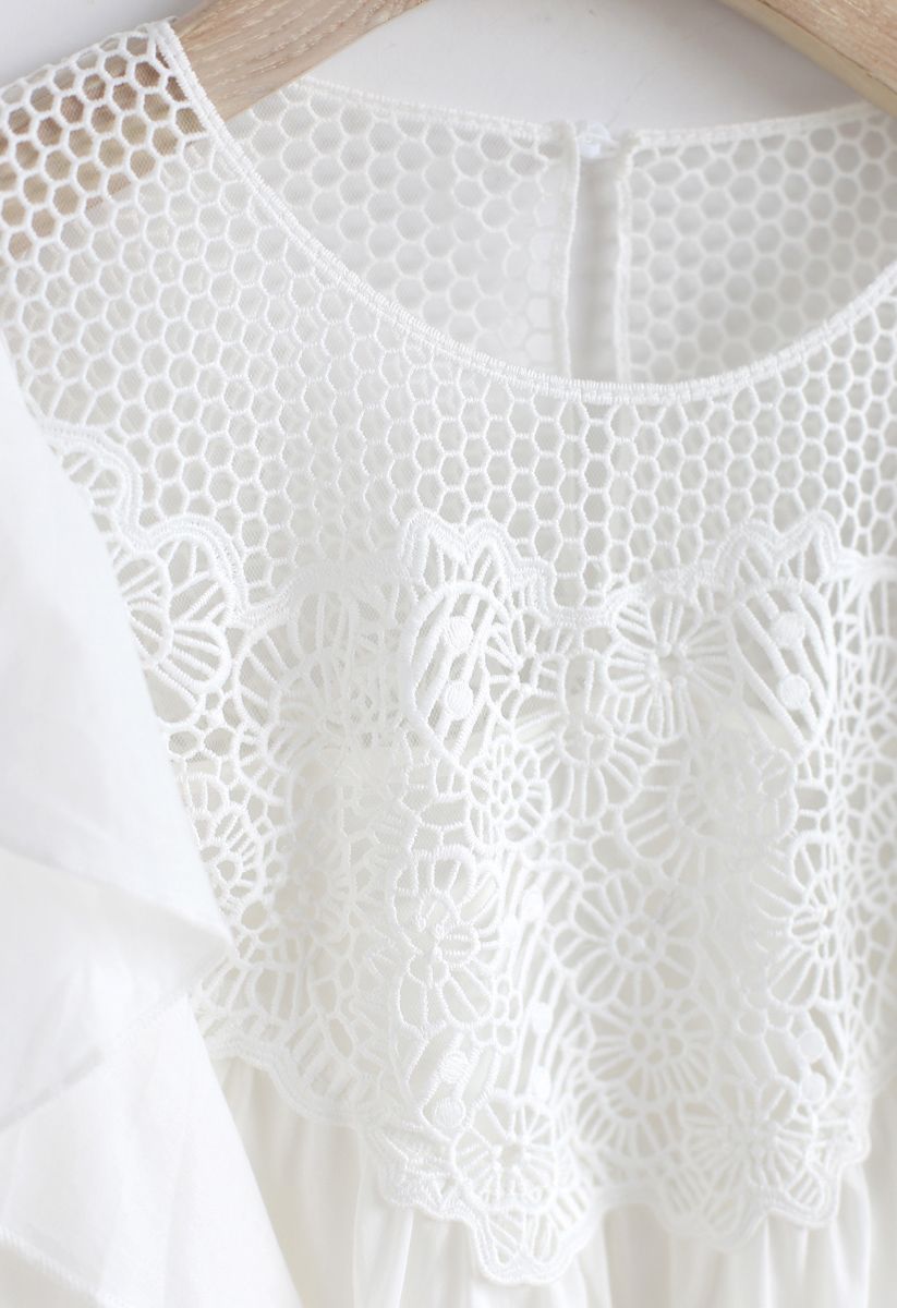 Dancing Ruffle Crochet Hollow-Out Top in White