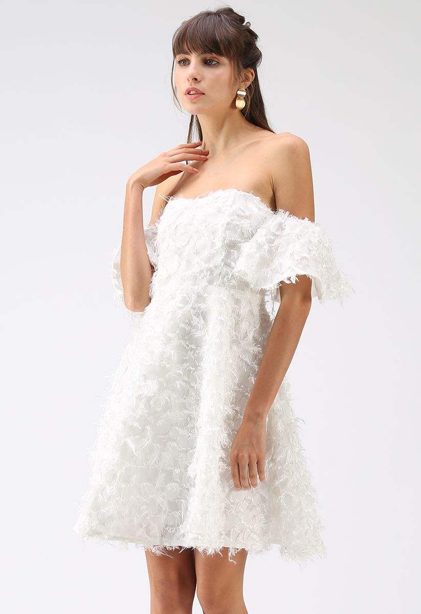 Show Me Feathers Tassel Off-Shoulder Dress in White