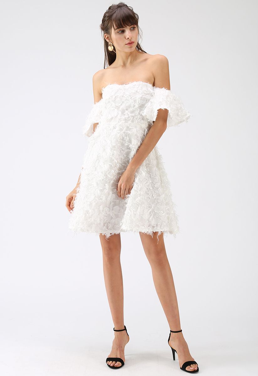 Show Me Feathers Tassel Off-Shoulder Dress in White - Retro, Indie and ...