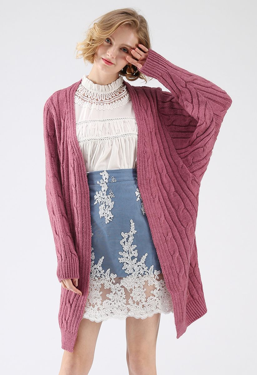 Warmest Hug Cable Knit Longline Cardigan in Berry