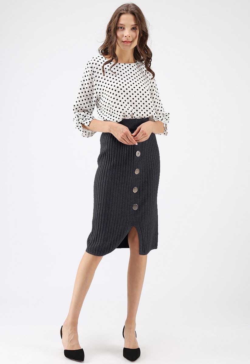 Button the Charm Ribbed Knit Pencil Skirt in Grey