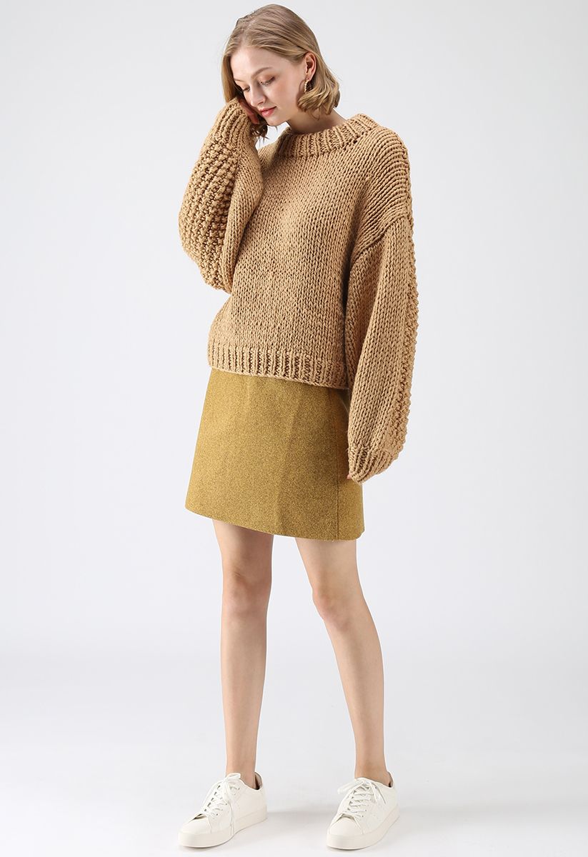 Chunky Chunky Puff Sleeves Cropped Sweater in Caramel