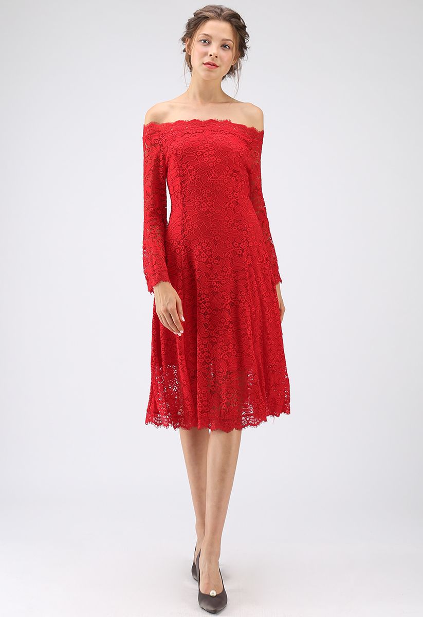 Remember Me Off-Shoulder Lace Dress in Red