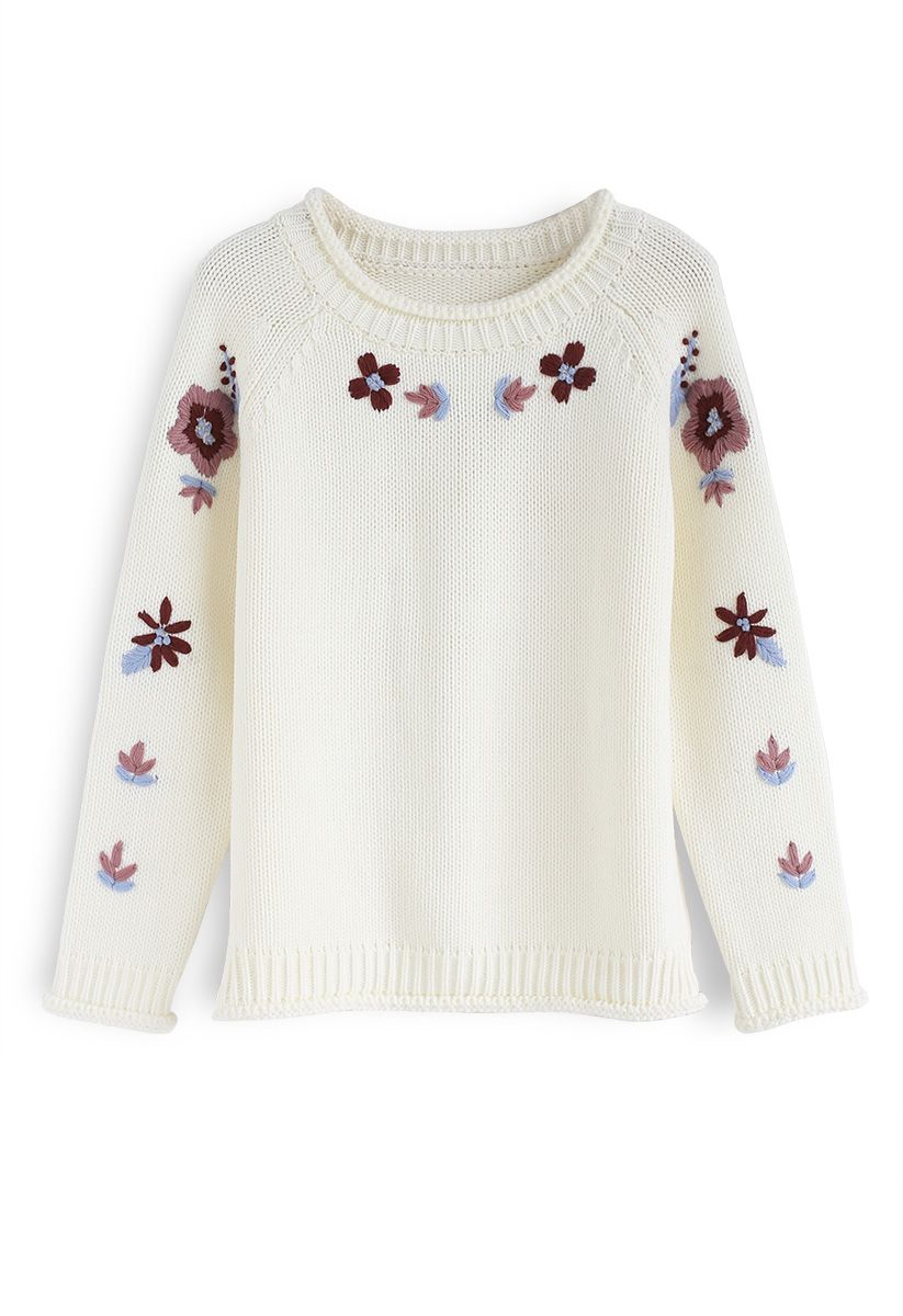 Add More Flowers Embroidered Sweater in Ivory