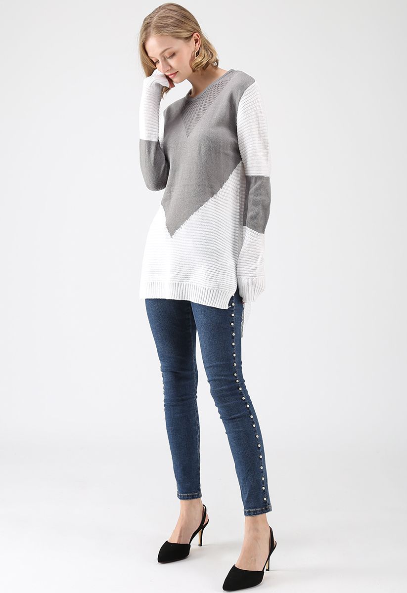 Color Blocking Longline Sweater in Grey