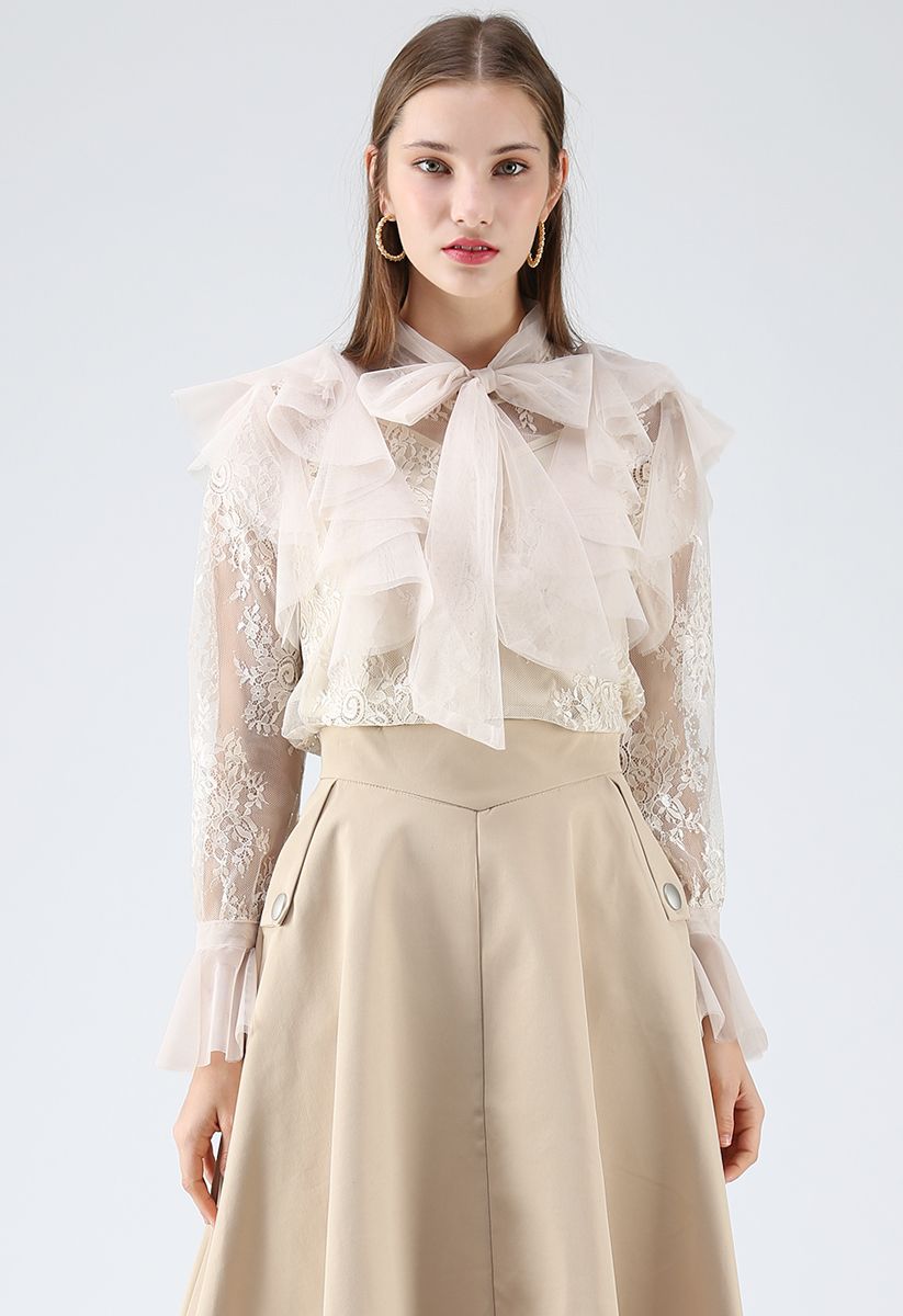 Floral and Ruffle Bowknot Lace Top in Cream