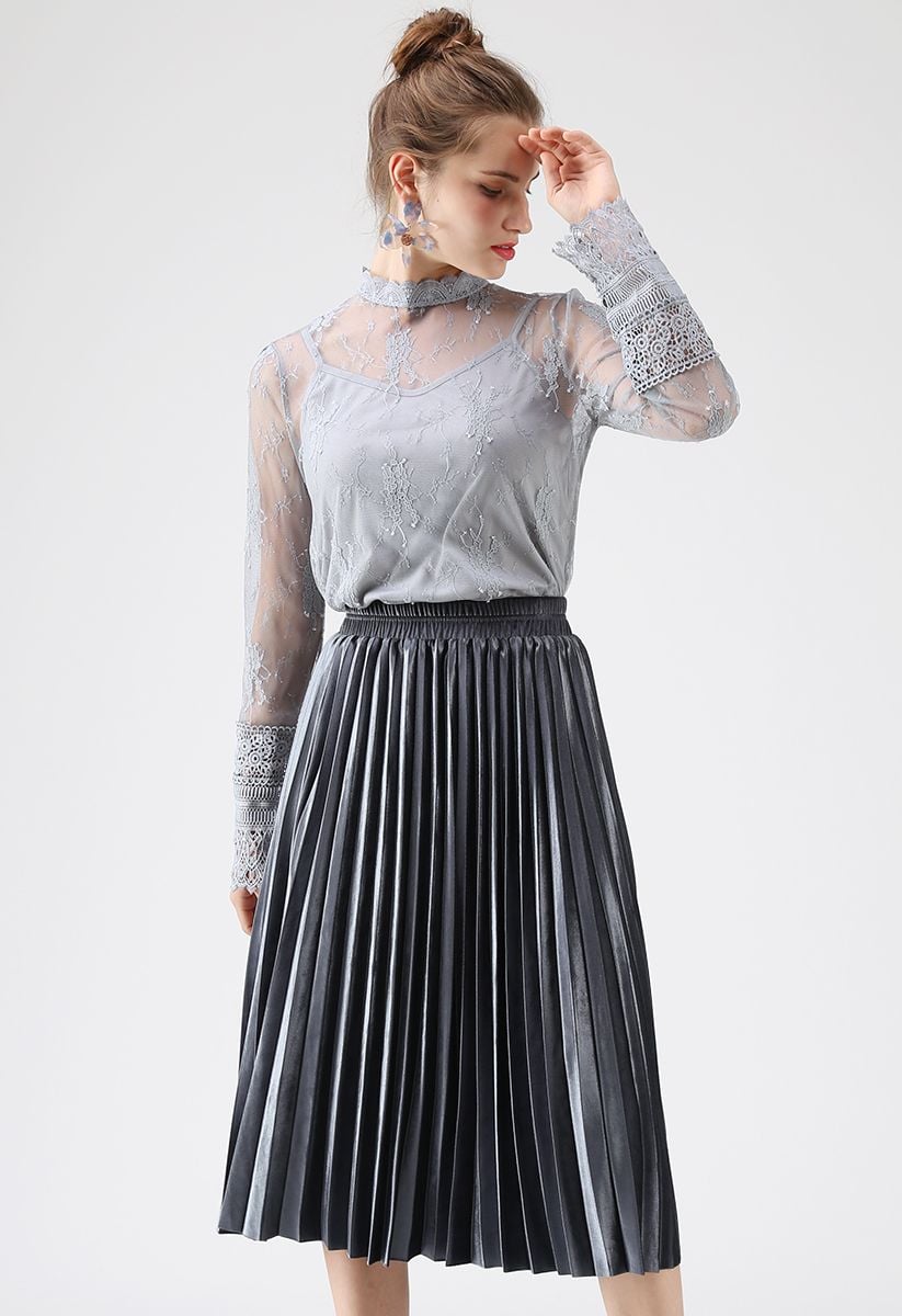 Inviting Sheen Velvet Pleated Skirt in Dusty Blue