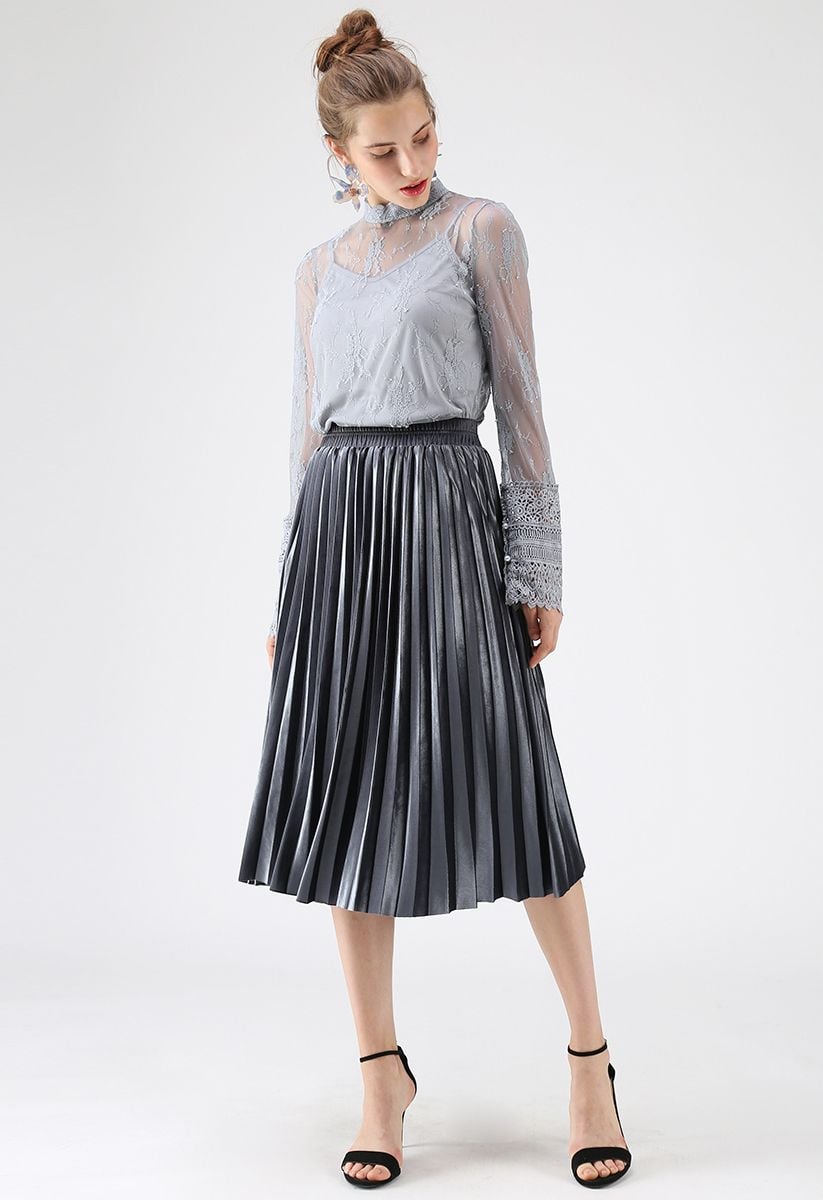 Inviting Sheen Velvet Pleated Skirt in Dusty Blue