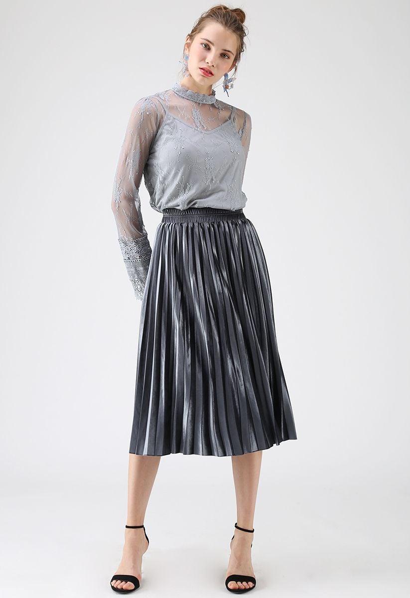 Inviting Sheen Velvet Pleated Skirt in Dusty Blue