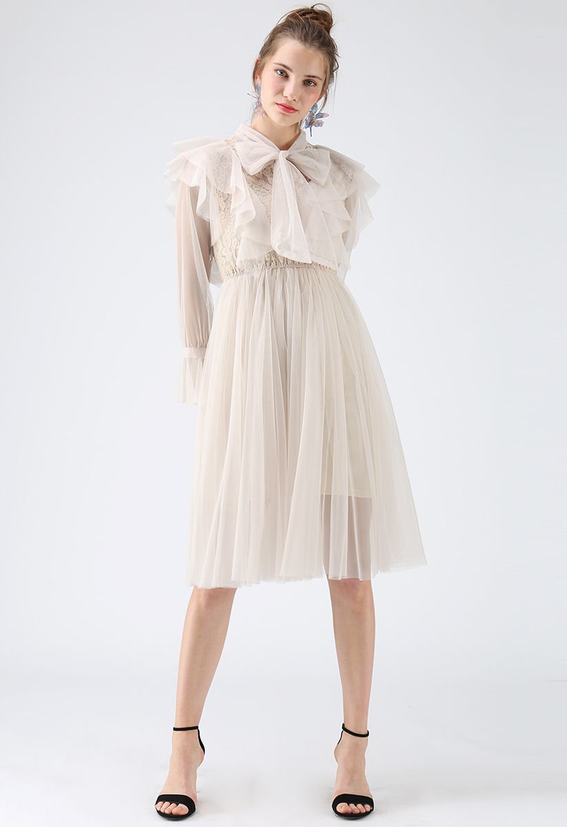 Floral and Ruffle Bowknot Tulle Dress in Cream