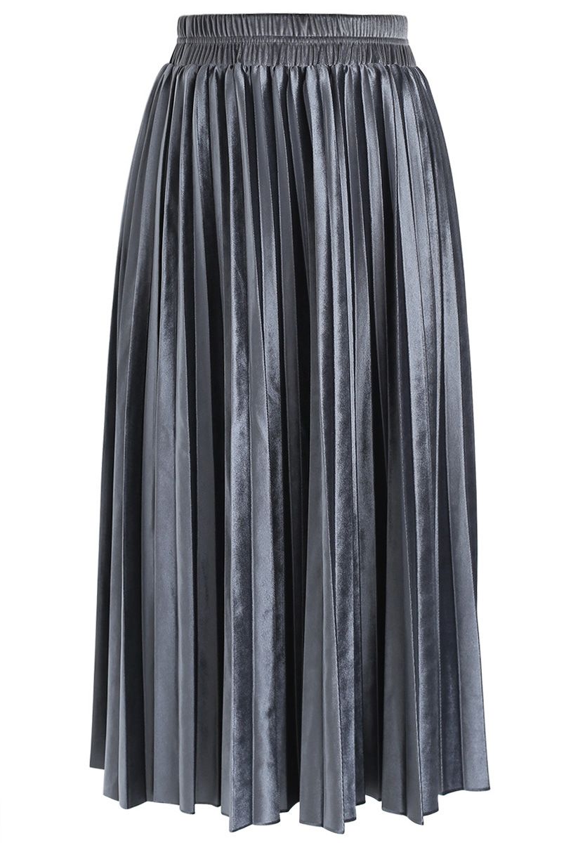 Inviting Sheen Velvet Pleated Skirt in Dusty Blue