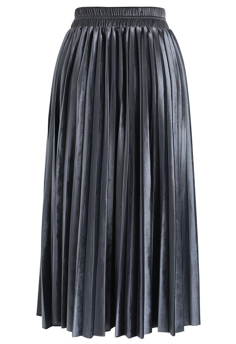 Inviting Sheen Velvet Pleated Skirt in Dusty Blue