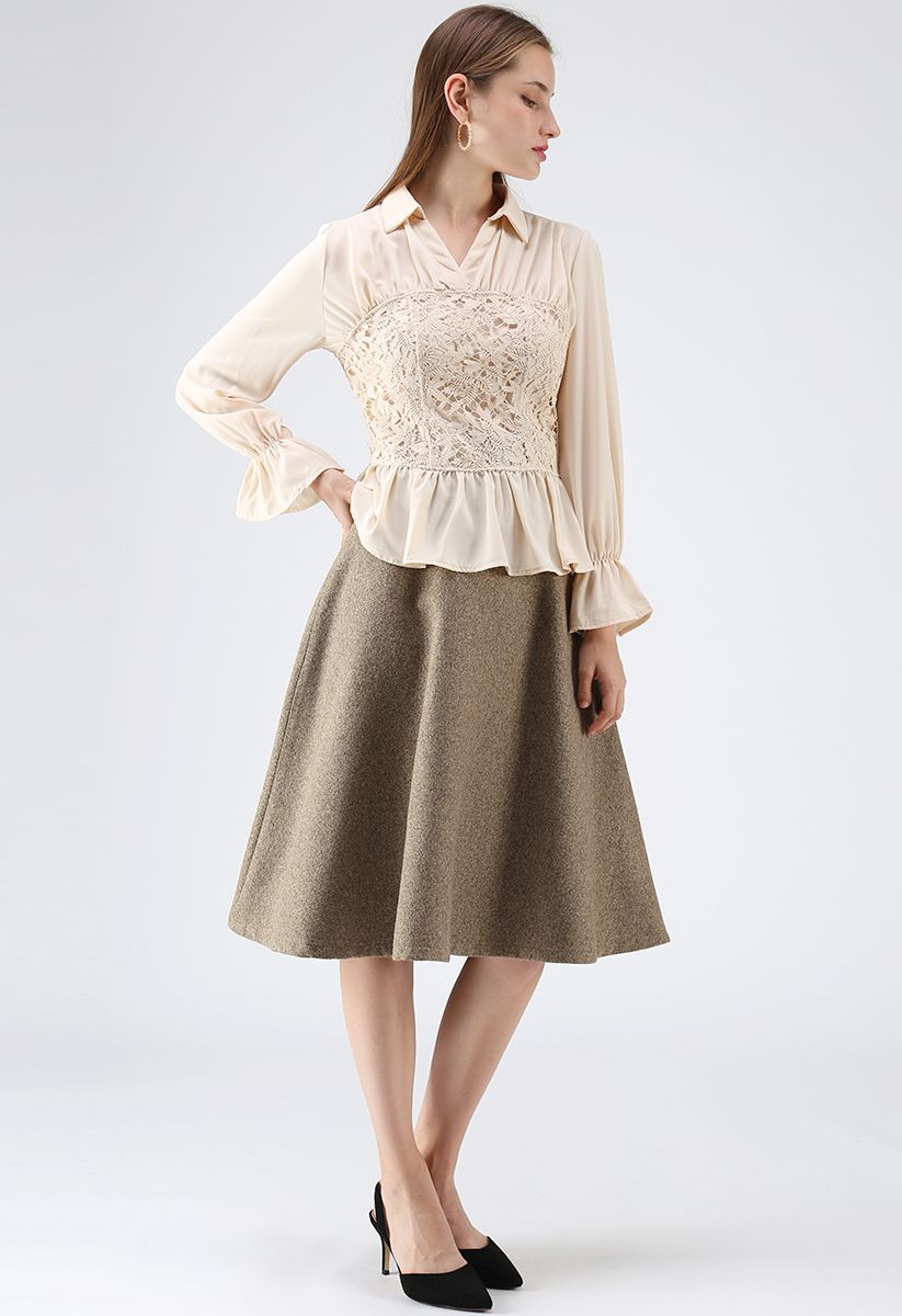 There for You Wool-Blended A-Line Midi Skirt in Caramel