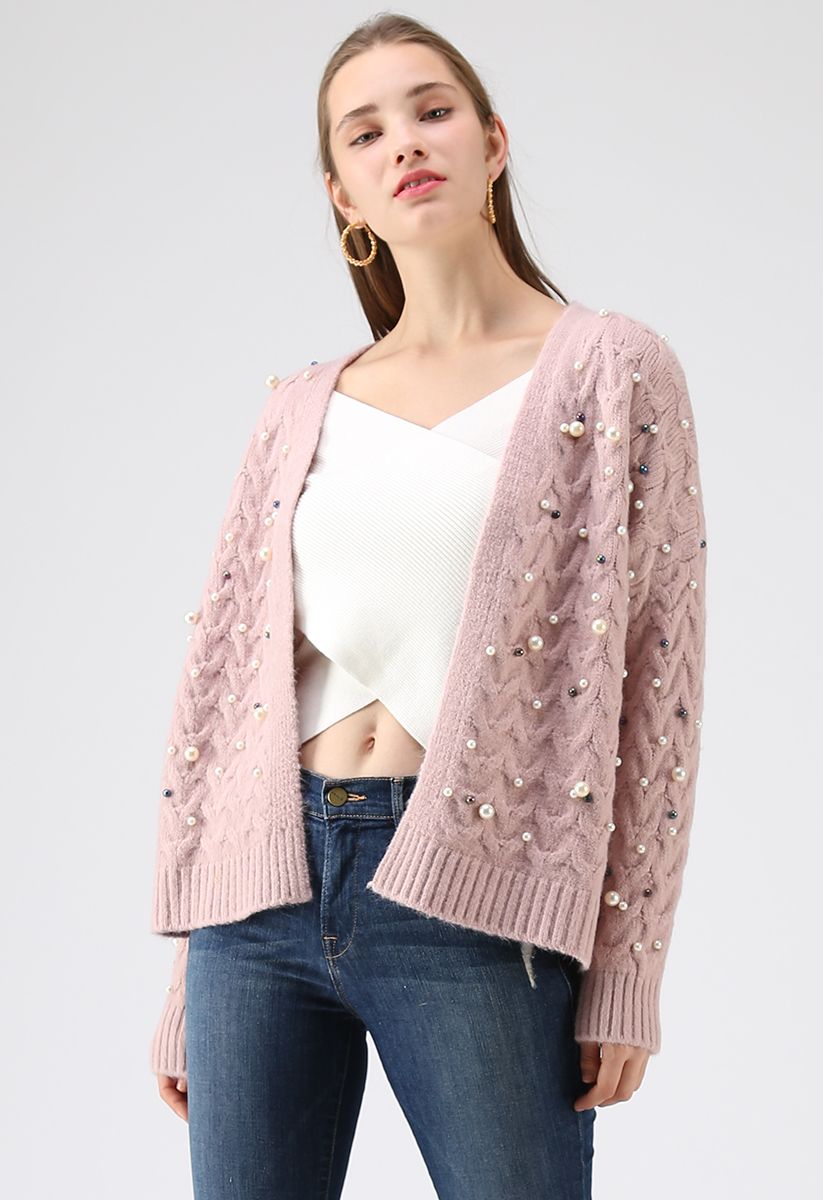 Looking at the Shining Pearls Knit Cardigan in Pink