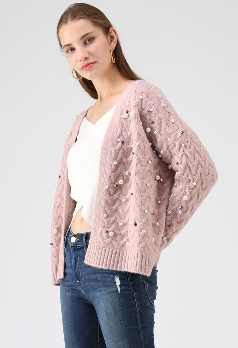 Looking at the Shining Pearls Knit Cardigan in Pink