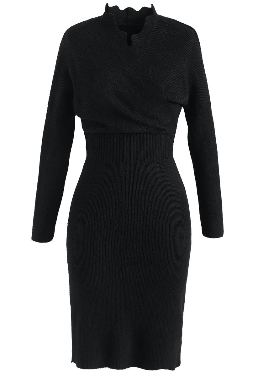 Cafe Time Wavy Wrap Knit Dress in Black