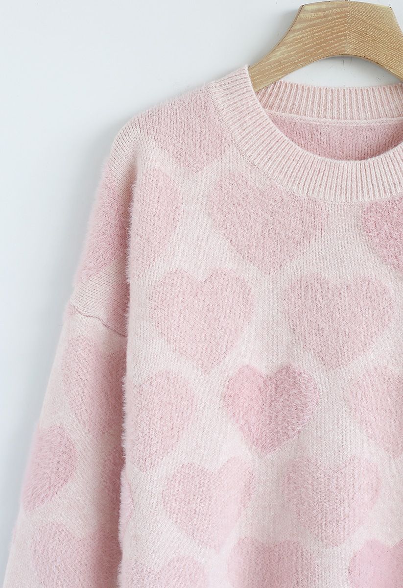 Fuzzy Hearts Knit Sweater in Pink