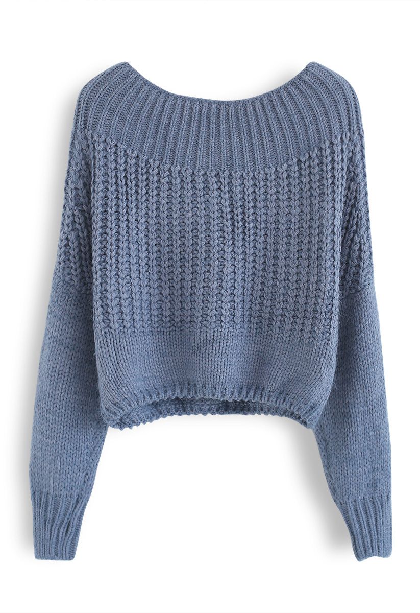 Edgy Example Off-Shoulder Crop Chunky Sweater in Blue