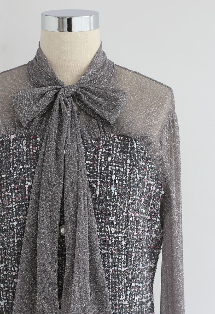 Shimmer Bowknot Mesh Tweed Dress in Grey