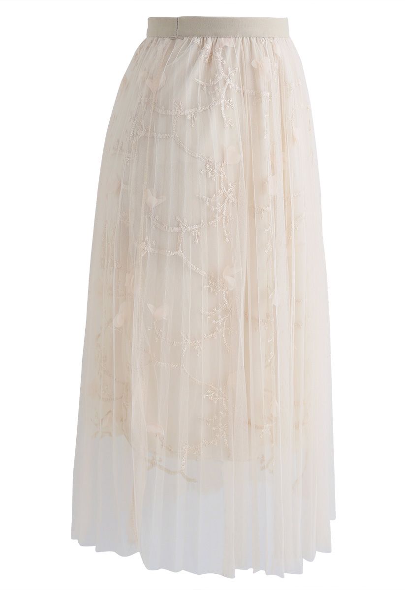 Florescent Dreams Mesh Pleated Tulle Midi Skirt in Cream