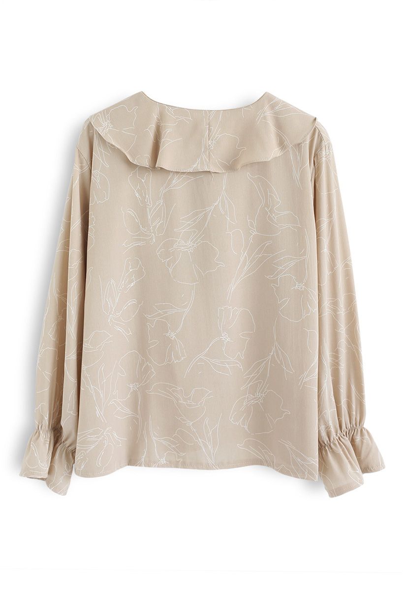 Abstract Floral Ruffle Chiffon Top in Tan