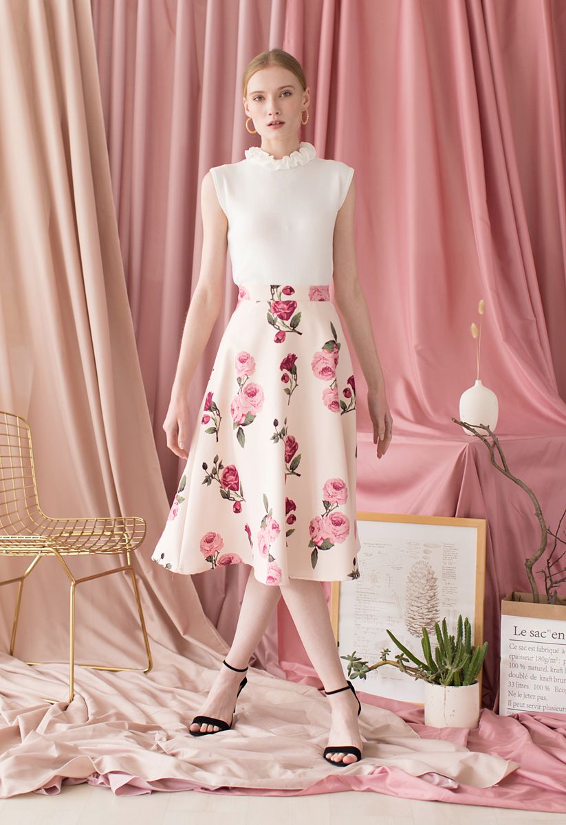 Peony Motif A-Line Midi Skirt