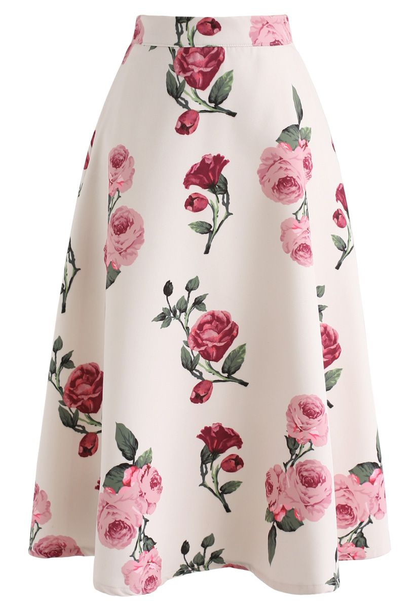 Peony Motif A-Line Midi Skirt