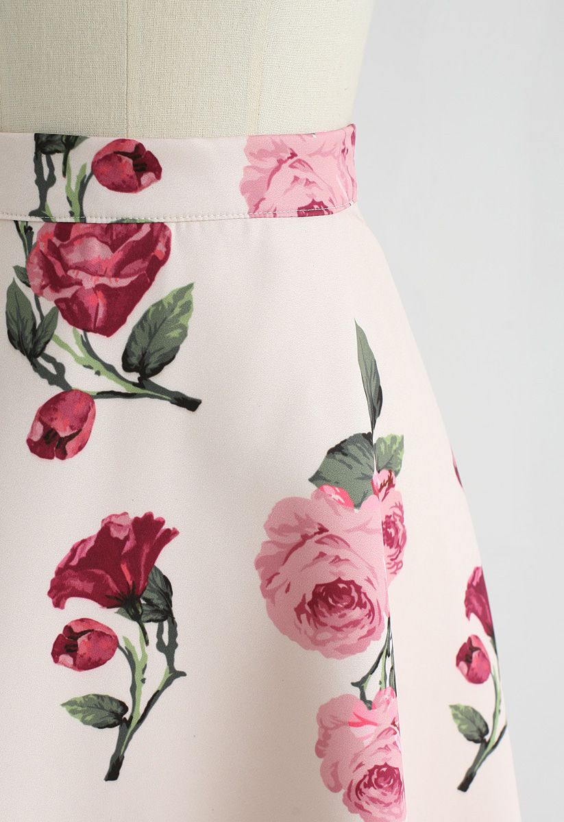 Peony Motif A-Line Midi Skirt