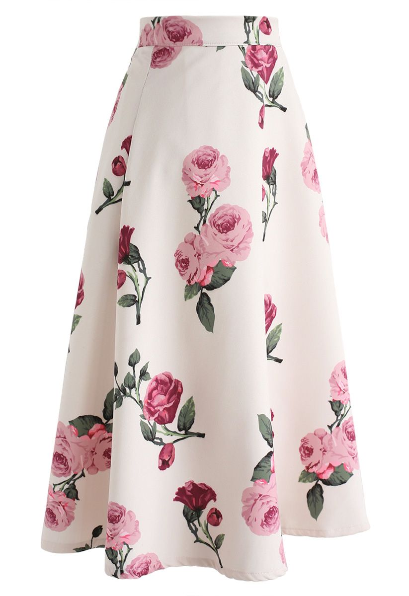 Peony Motif A-Line Midi Skirt