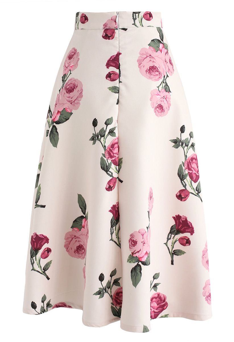 Peony Motif A-Line Midi Skirt