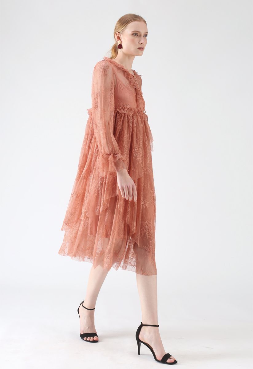 Sweet Moments Full Lace Dolly Dress in Coral