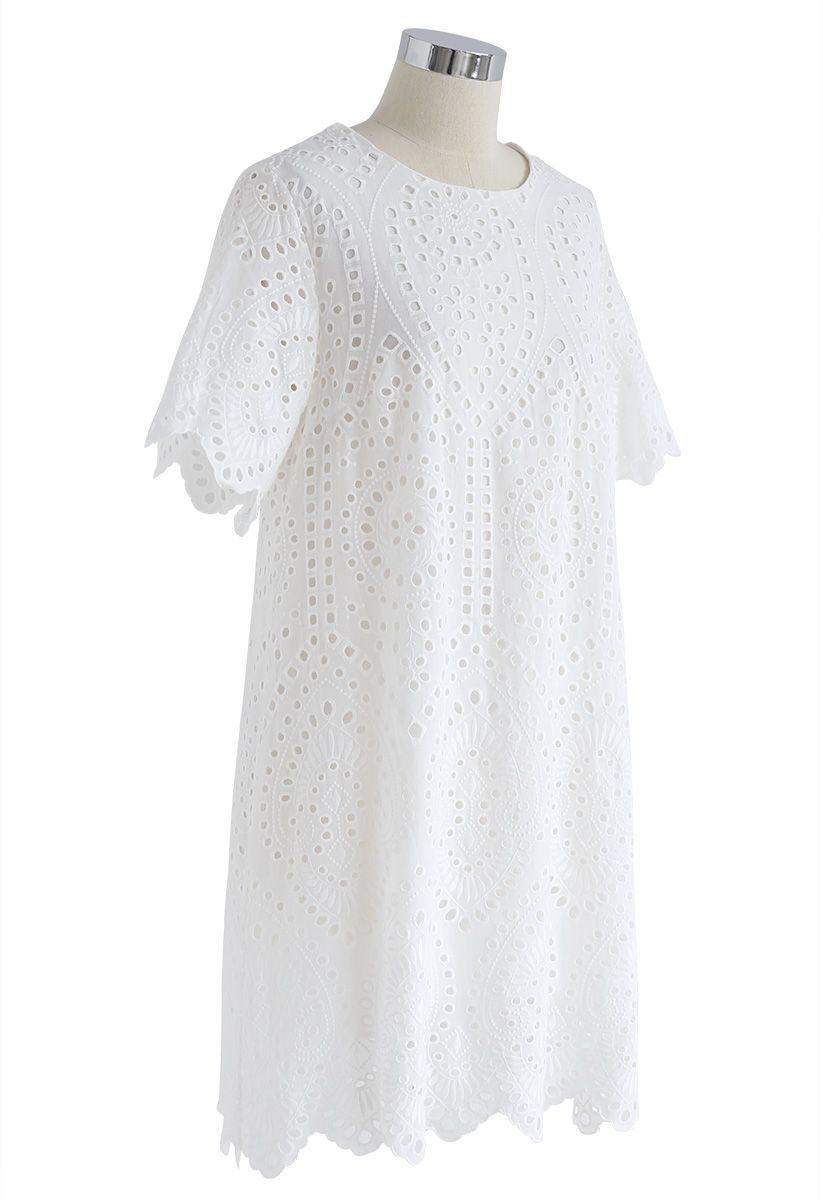 Slow Down Embroidered Eyelet Shift Dress in White