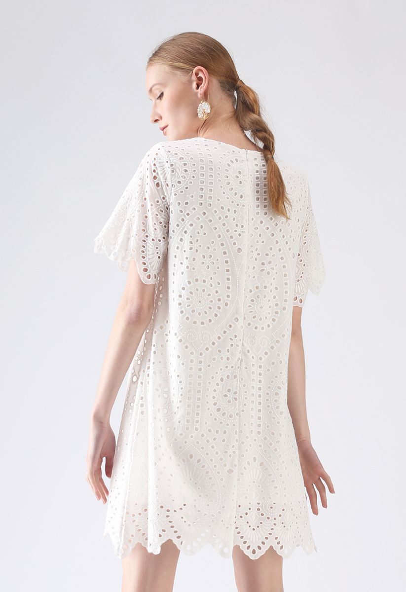 Slow Down Embroidered Eyelet Shift Dress in White