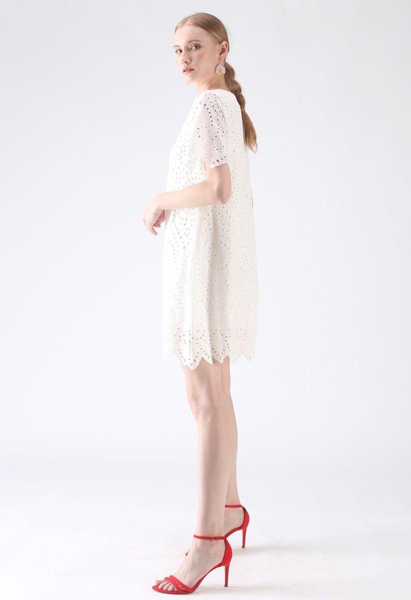 Slow Down Embroidered Eyelet Shift Dress in White