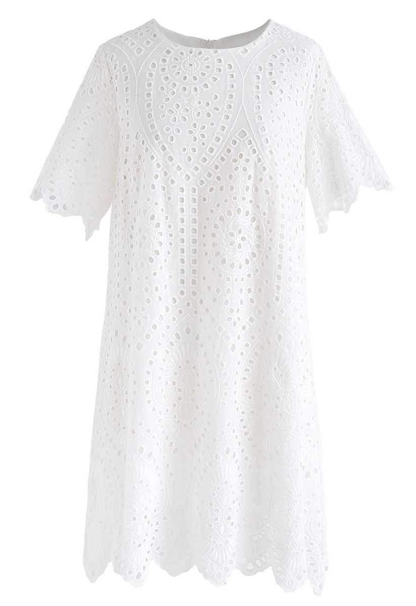 Slow Down Embroidered Eyelet Shift Dress in White