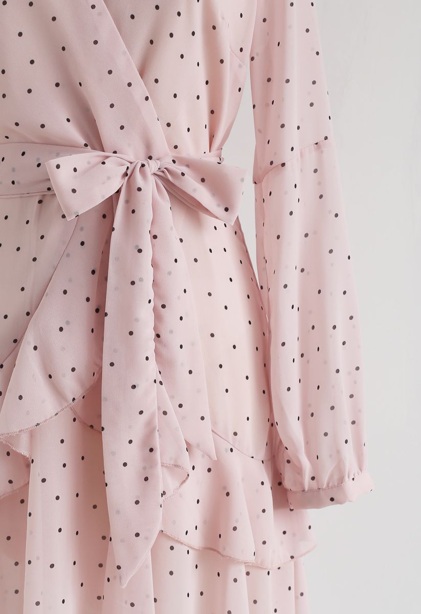 Dots My Heart Wrap Ruffle Dress in Pink