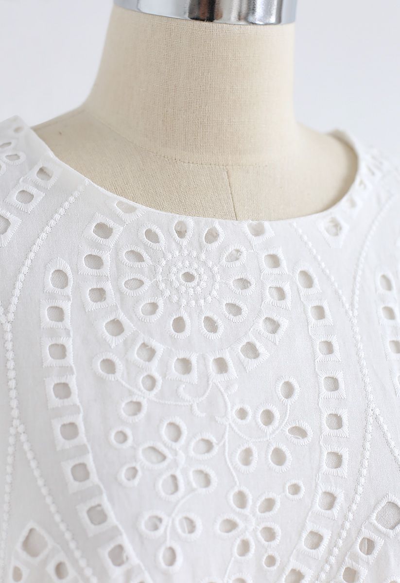 Slow Down Embroidered Eyelet Shift Dress in White